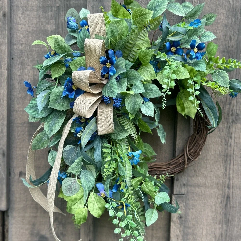 Elegant Green and Blue Floral Wreath for your front door, porch - Picture 8 of 8